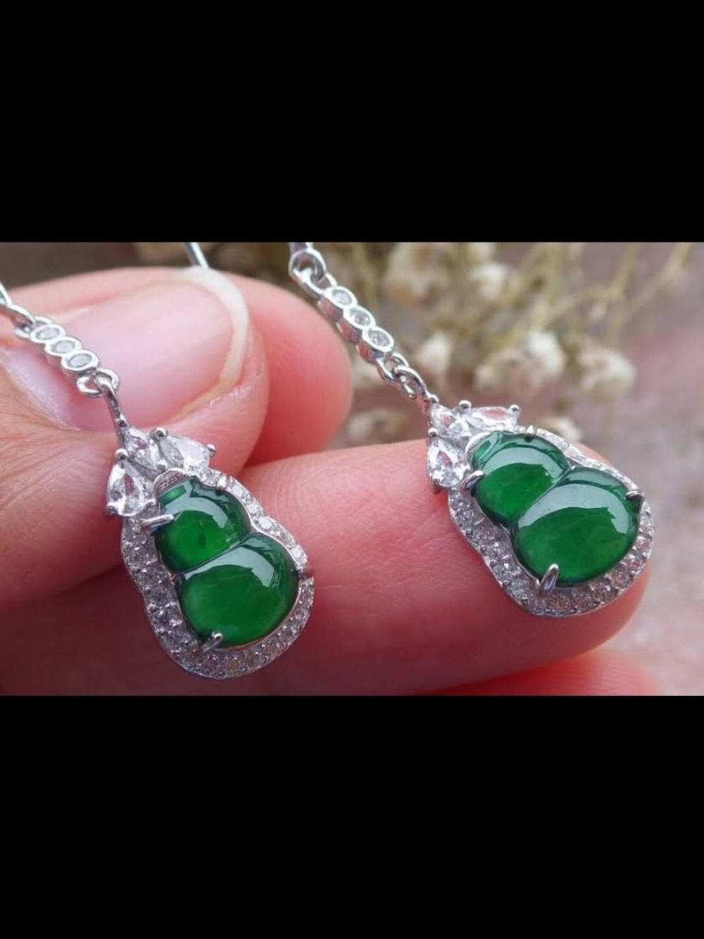 Sterling silver 925 Certificate Jadeite Jade Grade A Natural Green Earring Gourd
